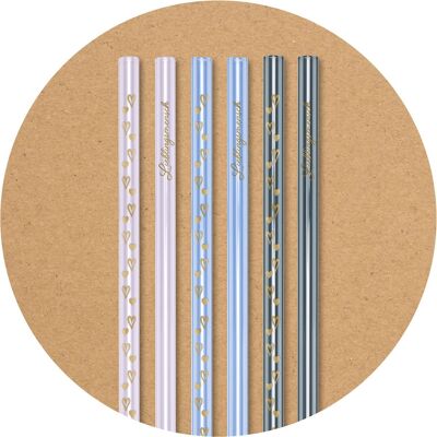 6 colorful (pink, lavender, gray) glass drinking straws (20 cm) with print Favorite person / hearts + cleaning brush