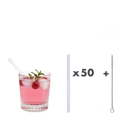 50 pailles à boire en verre rose "Little Pimpf" (15 cm) + brosse de nettoyage