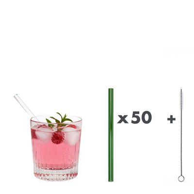 50 pailles en verre vert "Kleiner Pimpf" (15 cm) + brosse de nettoyage
