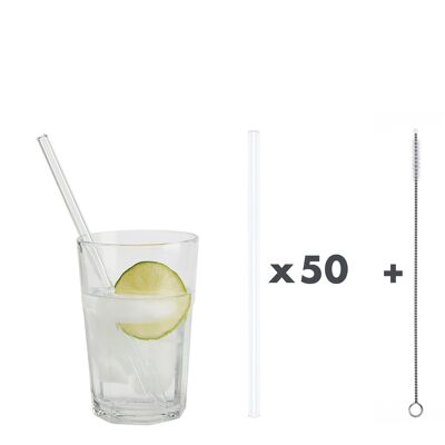 50 weiße Glastrinkhalme „Tausendsassa“ (20 cm) + Reinigungsbürste - Nylon