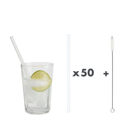 50 white glass drinking straws "Jack of all trades" (20 cm) + cleaning brush - cotton