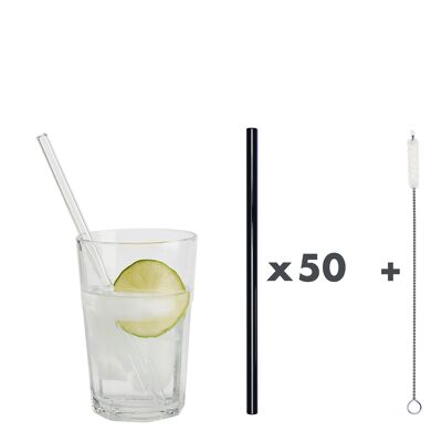 50 black glass straws "Jack of all trades" (20 cm) + cleaning brush - cotton
