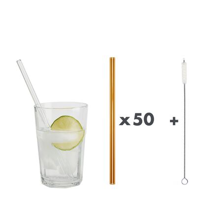 50 lightamber glass drinking straws "Jack of all trades" (20 cm) + cleaning brush - cotton