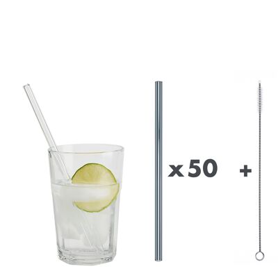 50 gray glass drinking straws "Jack of all trades" (20 cm) + cleaning brush - nylon