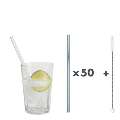 50 gray glass straws "Jack of all trades" (20 cm) + cleaning brush - cotton