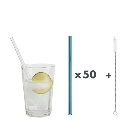 50 blue-green glass drinking straws "Jack of all trades" (20 cm) + cleaning brush - cotton