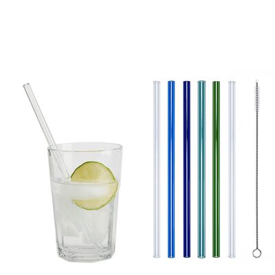 4 colored (blue / cobalt blue / blue-green / green) + 2 clear glass drinking straws "Jack of all trades" (20 cm) + cleaning brush - nylon