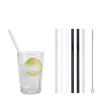 4 colored (2x white / 2x black) + 2 clear glass drinking straws "Jack of all trades" (20 cm) + cleaning brush - nylon