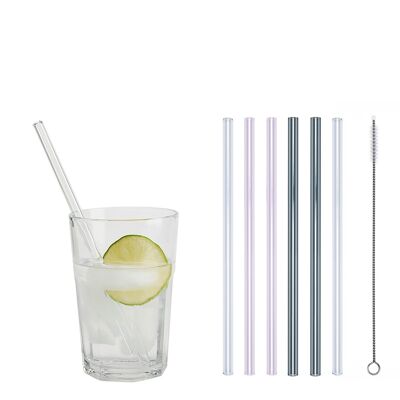 4 colored (2x pink / 2x gray) + 2 clear glass drinking straws "Jack of all trades" (20 cm) + cleaning brush - nylon