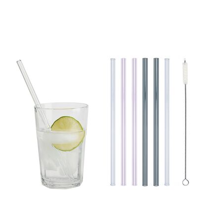 4 colored (2x pink / 2x gray) + 2 clear glass drinking straws "Jack of all trades" (20 cm) + cleaning brush - cotton
