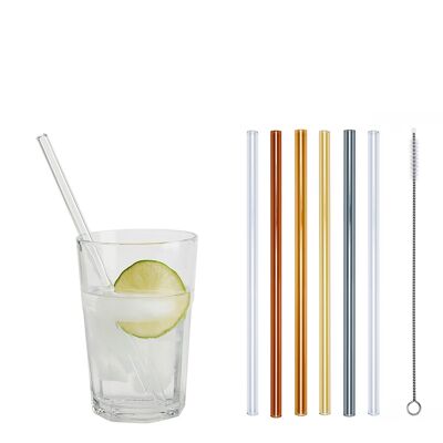 4 colored (Amber / Light Amber / Yellow / Gray) + 2 clear glass drinking straws "Jack of all trades" (20 cm) + cleaning brush - nylon