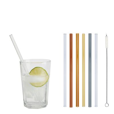 4 colored (Amber / Light Amber / Yellow / Gray) + 2 clear glass straws "Jack of all trades" (20 cm) + cleaning brush - cotton