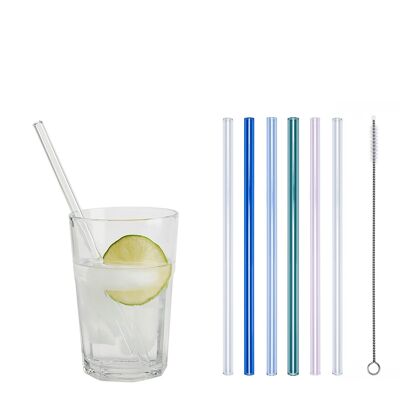 4 colored (blue / lavender / blue-green / pink) + 2 clear glass drinking straws "Jack of all trades" (20 cm) + cleaning brush - nylon