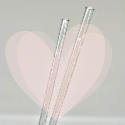 2 clear glass drinking straws "Jack of all trades" (20 cm) with engraved hearts + cleaning brush