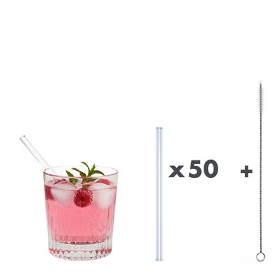 50 clear glass drinking straws "Little Pimp" (15 cm) + cleaning brush - nylon