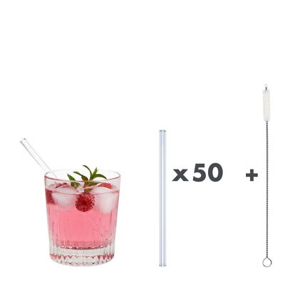 50 clear glass drinking straws "Little Pimpf" (15 cm) + cleaning brush - cotton