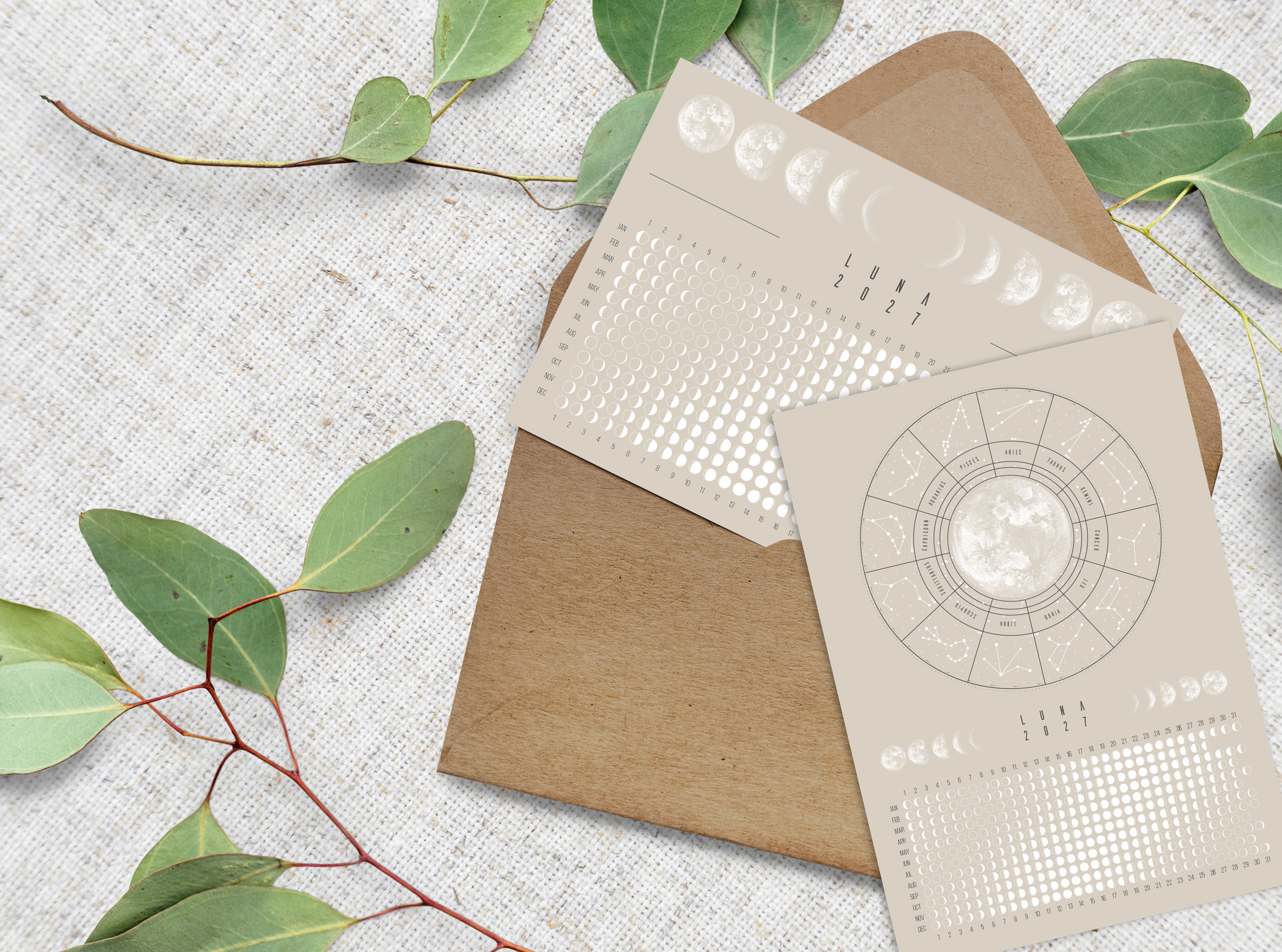 Calendario Lunar 2027 – Set de Postales Beige | 2 postales + pegatinas de luna + sobre de papel kraft
