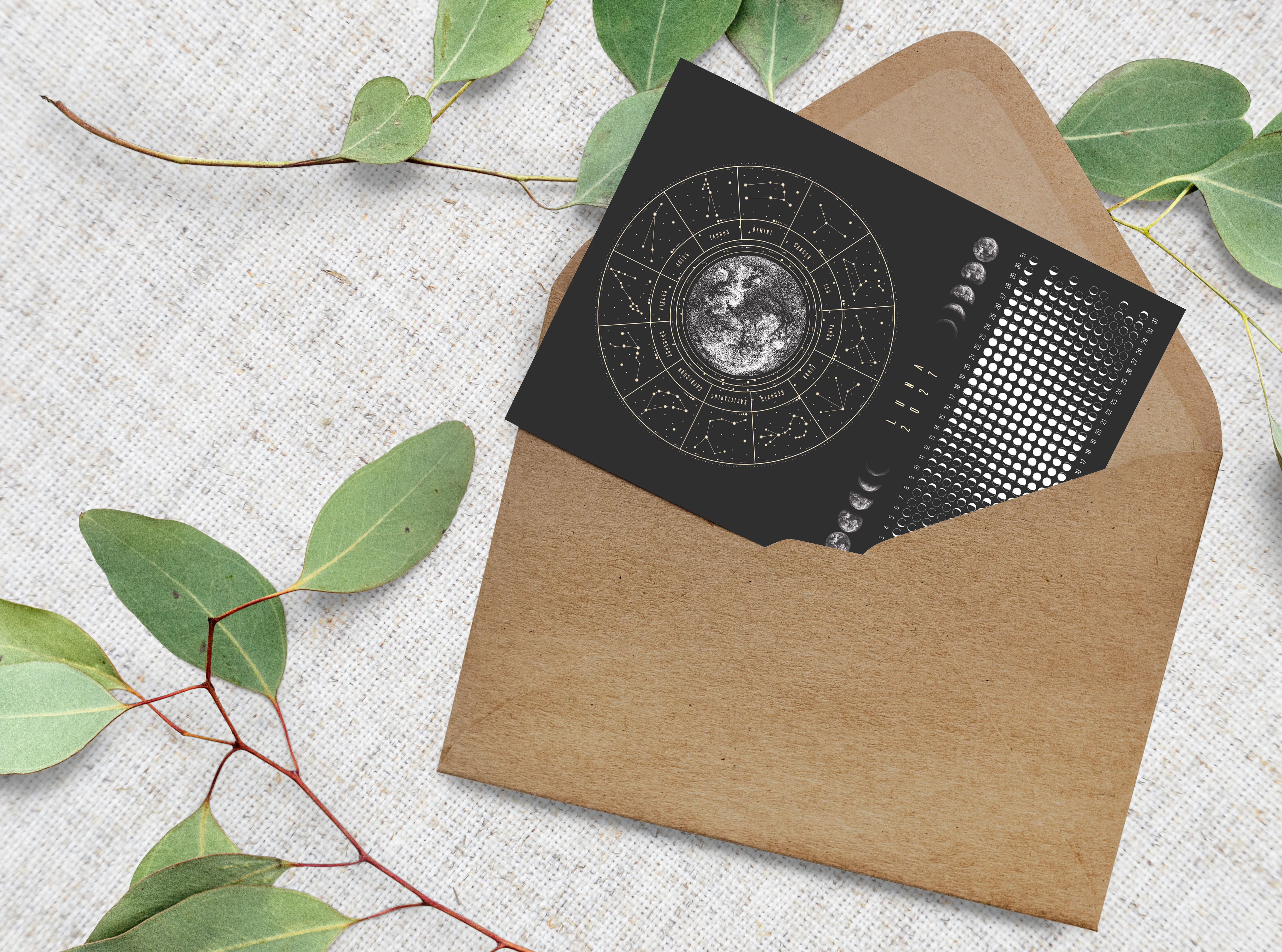 Calendario Lunar 2027 – Postal negra vertical | Postal + Pegatina de la Luna + Sobre de papel kraft