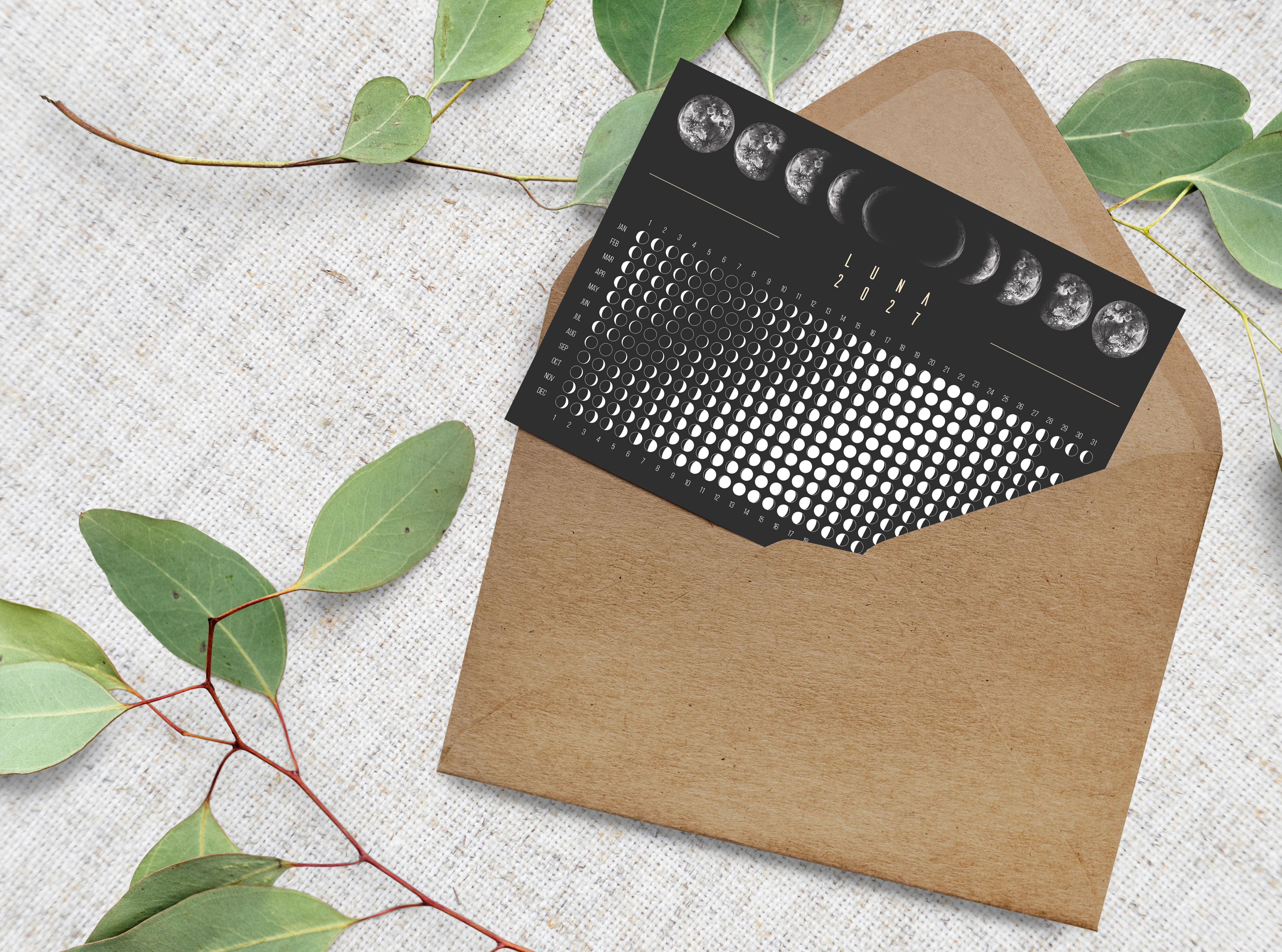Calendario lunar 2027 – Postal horizontal negra | Postal + pegatina lunar + sobre de papel kraft