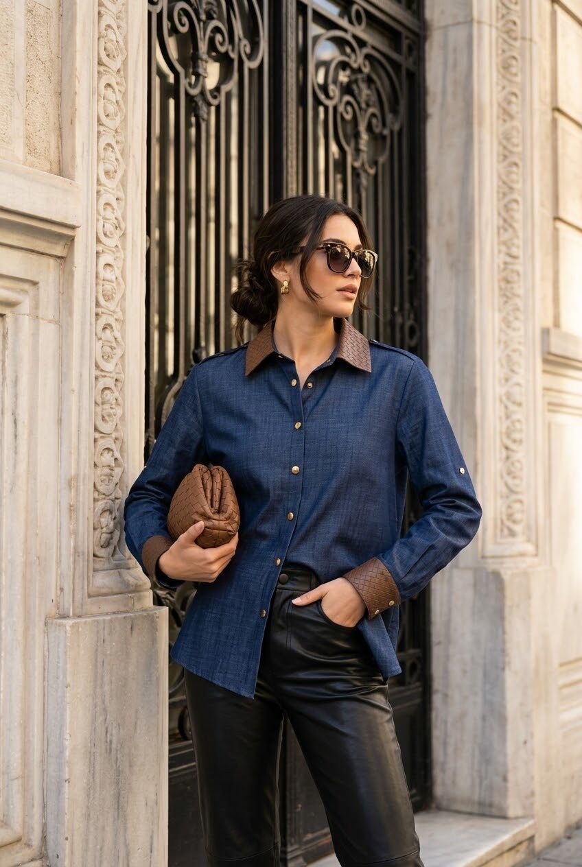 Chemise femme denim col contrasté