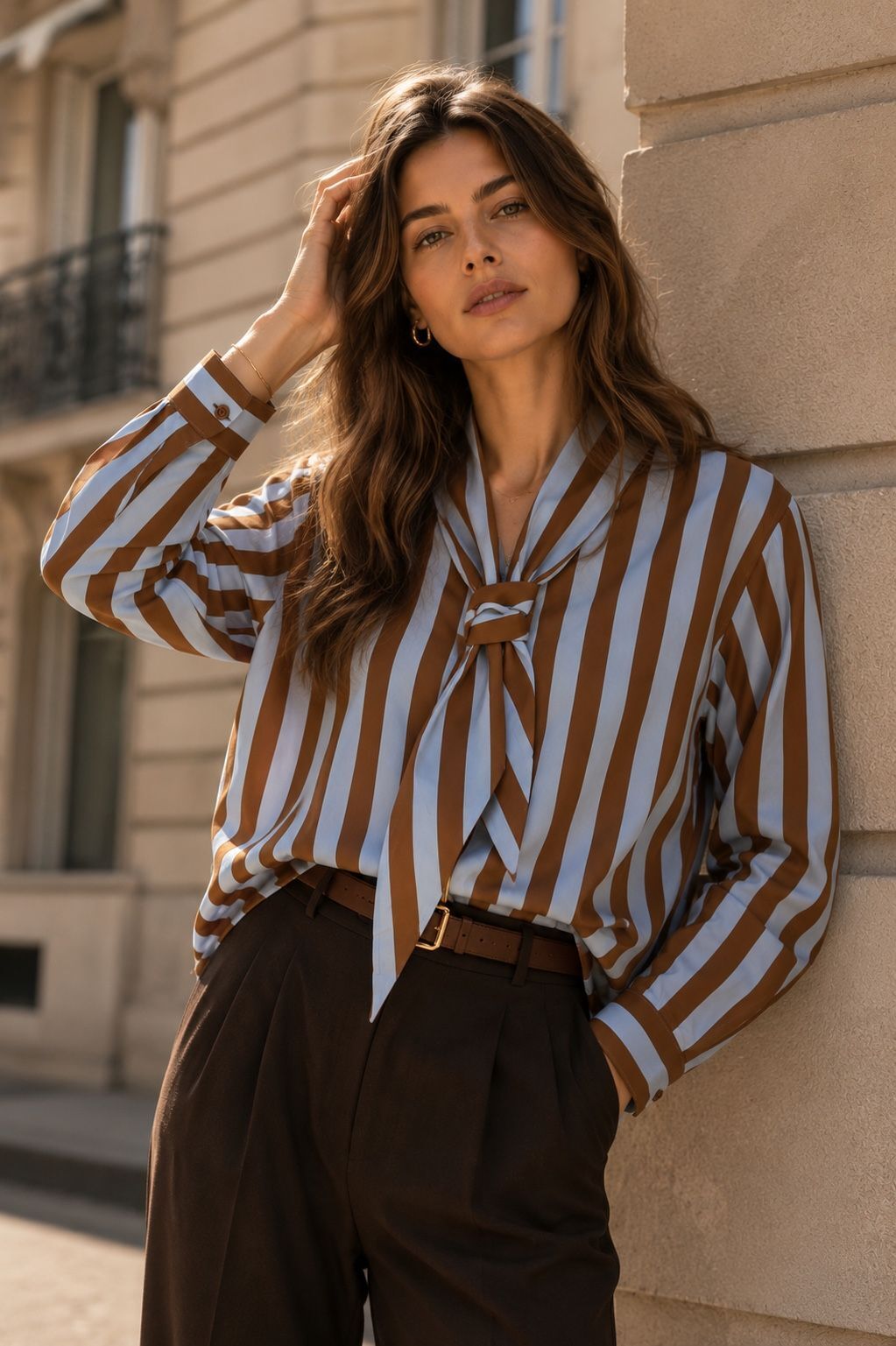 Chemise Rayée en Coton à Col Lavallière