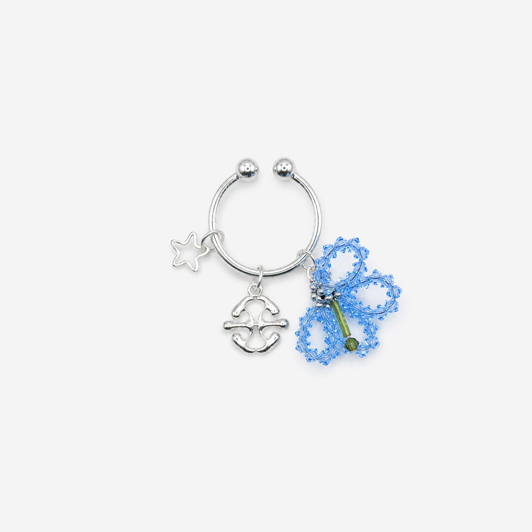 Bague ear cuff fleur bleue en perles et cristaux - Aster Blua Biles