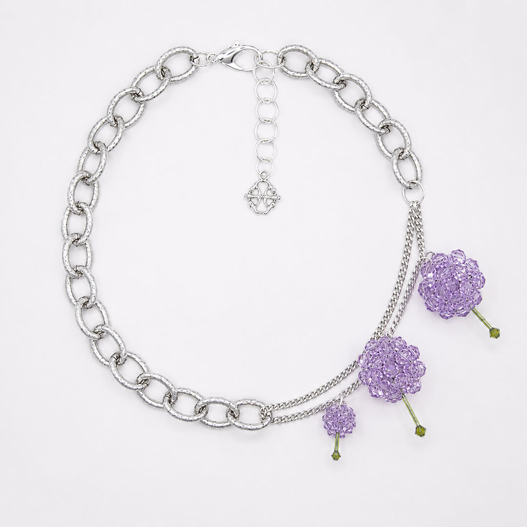 Collier à maillons argentés et fleurs violettes en perles et cristaux - Paeonia Viola Jason