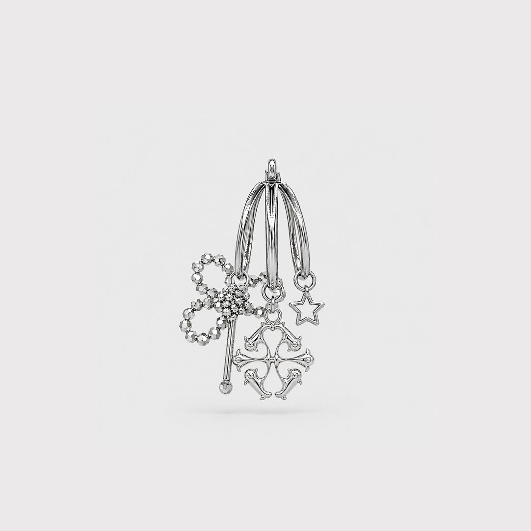 Boucle d'oreille créole fleur argentée en perles et cristaux - Aster Argenta Mateo