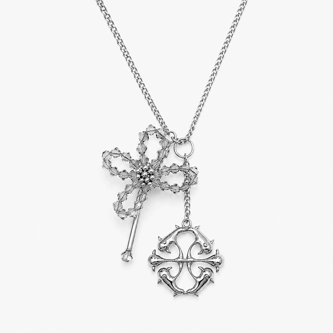 Collier pendentif fleur argentée en perles et cristaux - Aster Argenta Williams