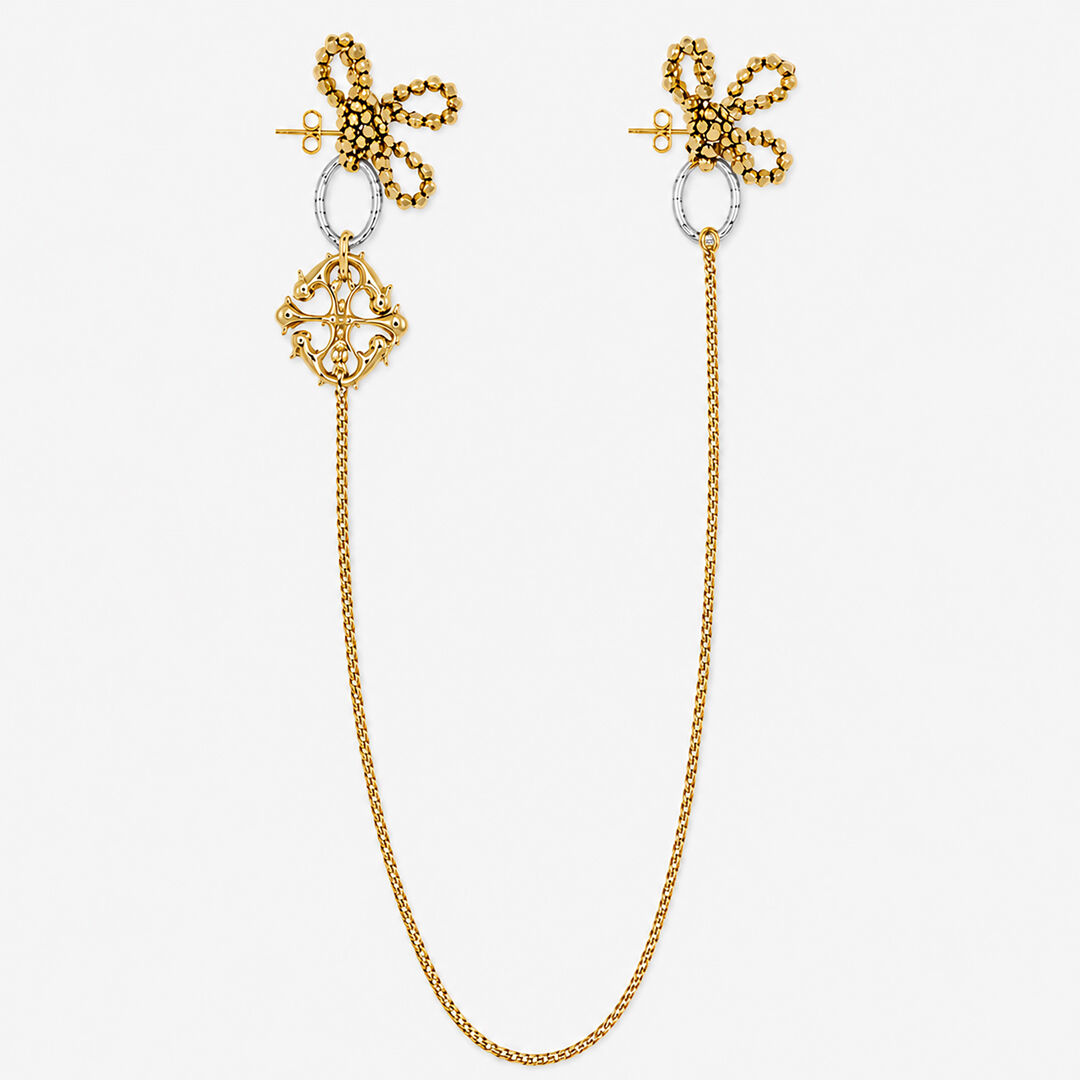 Boucles d’oreilles fleurs dorées en perles et cristaux avec chaine - Aster Ora Diop