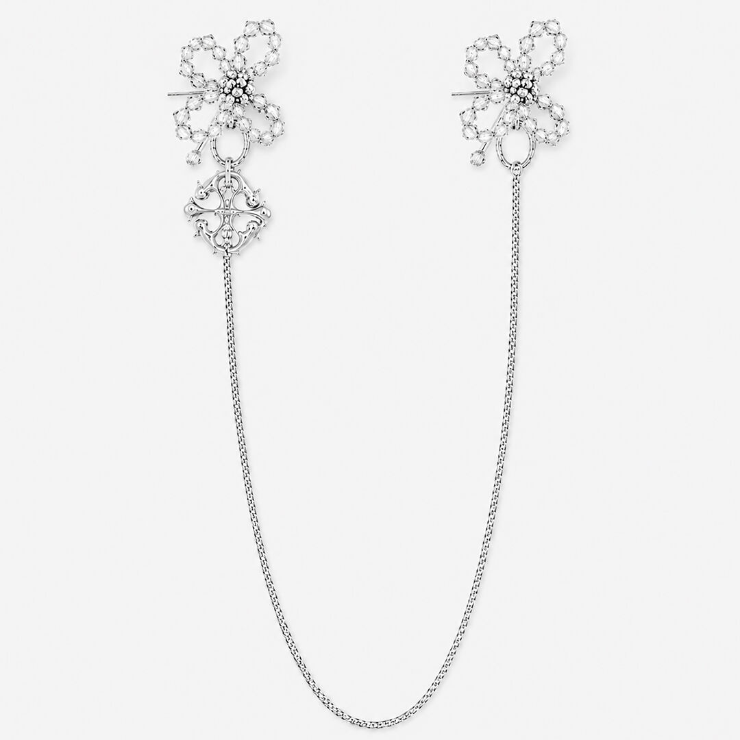 Boucles d’oreilles fleurs argentées en perles et cristaux avec chaine - Aster Argenta Diop