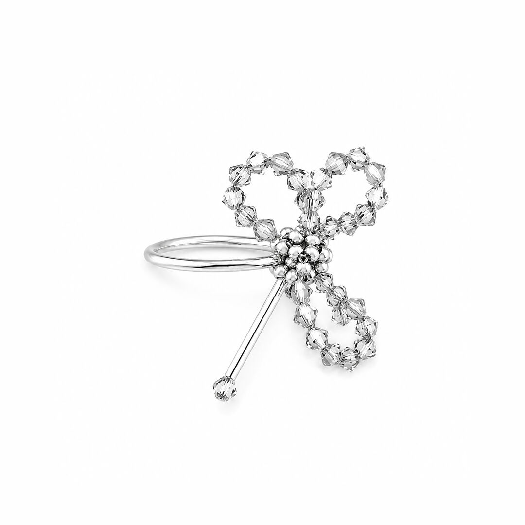 Bague fleur argentée en perles et cristaux - Aster Argenta Ring