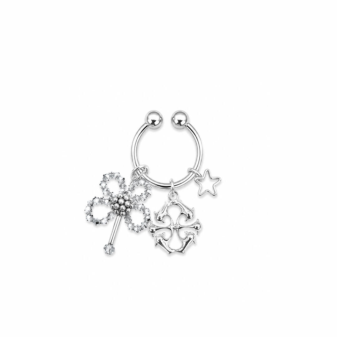 Bague earcuff fleur argentée en perles et cristaux - Aster Argenta Biles
