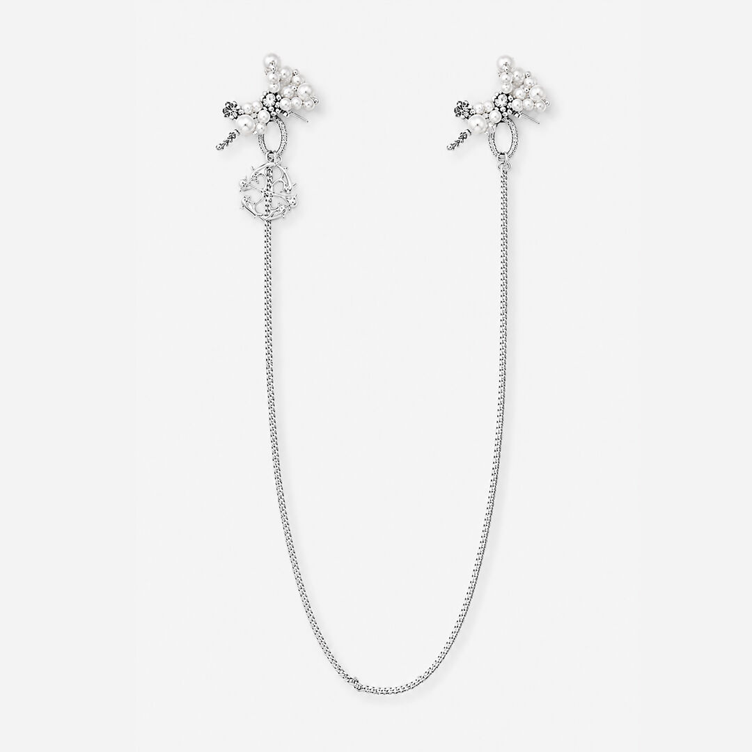 Boucles d'oreilles fleurs blanches en perles et cristaux avec chaine - Gypsophila Argenta Diop