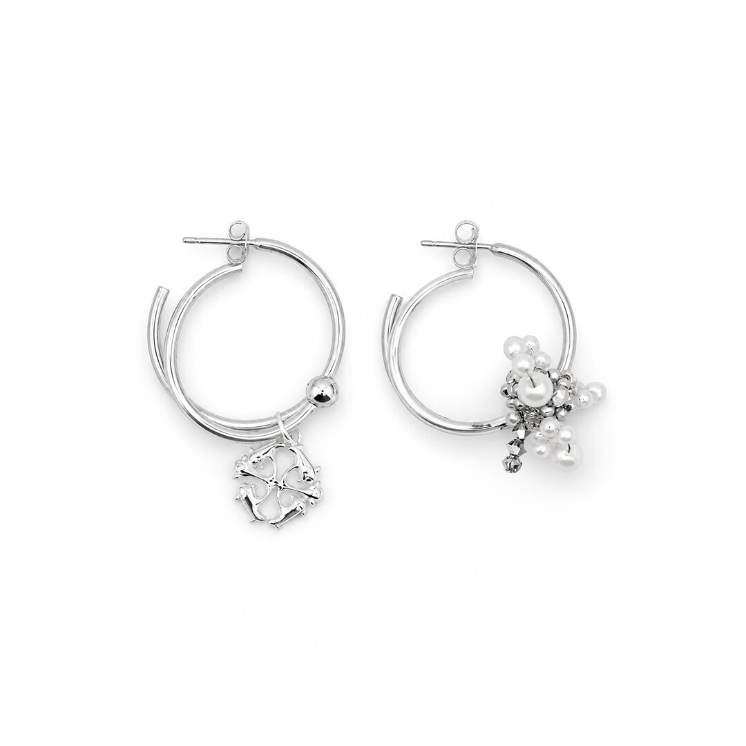 Boucles d'oreilles créoles fleur blanche et logo Helena Thulin en perles et cristaux - Gypsophila Argenta Billa