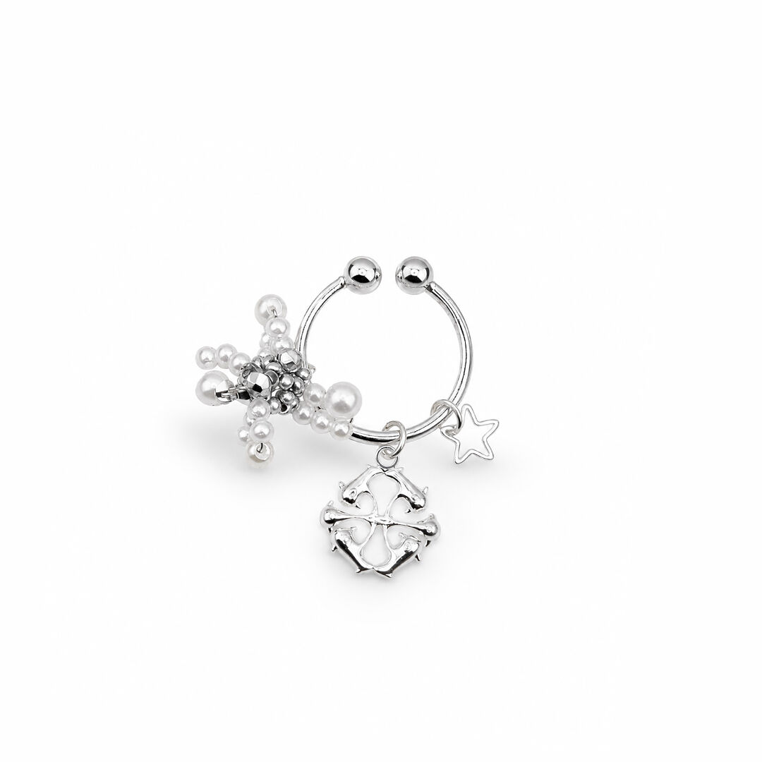 Bague earcuff fleur blanche en perles et cristaux - Gypsophila Argenta Biles