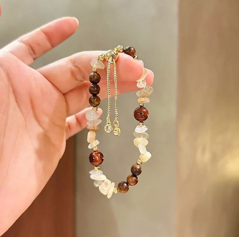 Adjustable bracelet in 316L steel and natural quartz (white and chocolate)