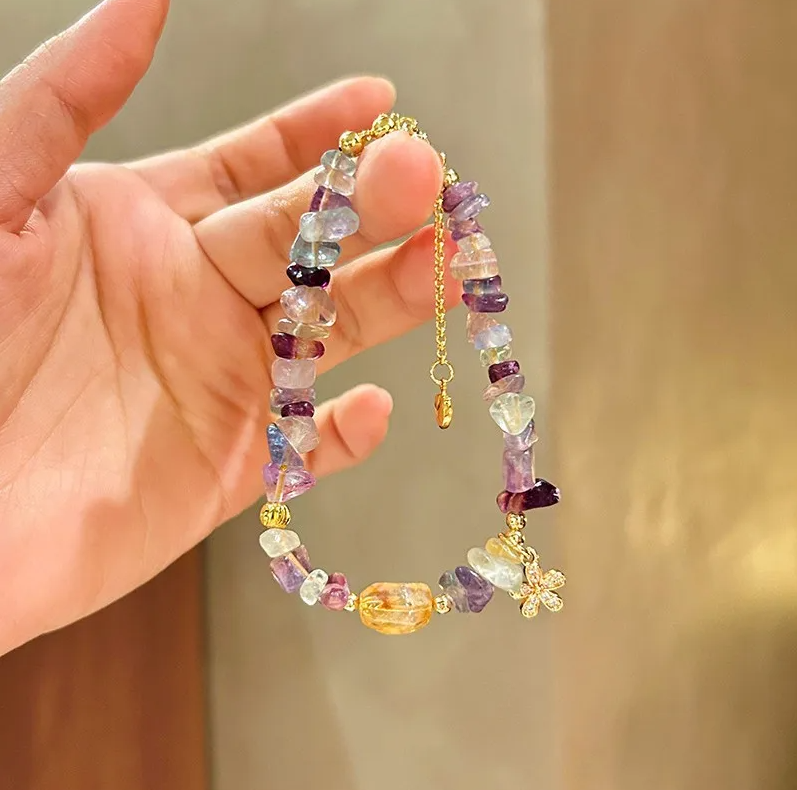 Adjustable 316L stainless steel bracelet with multi-colored quartz crystal