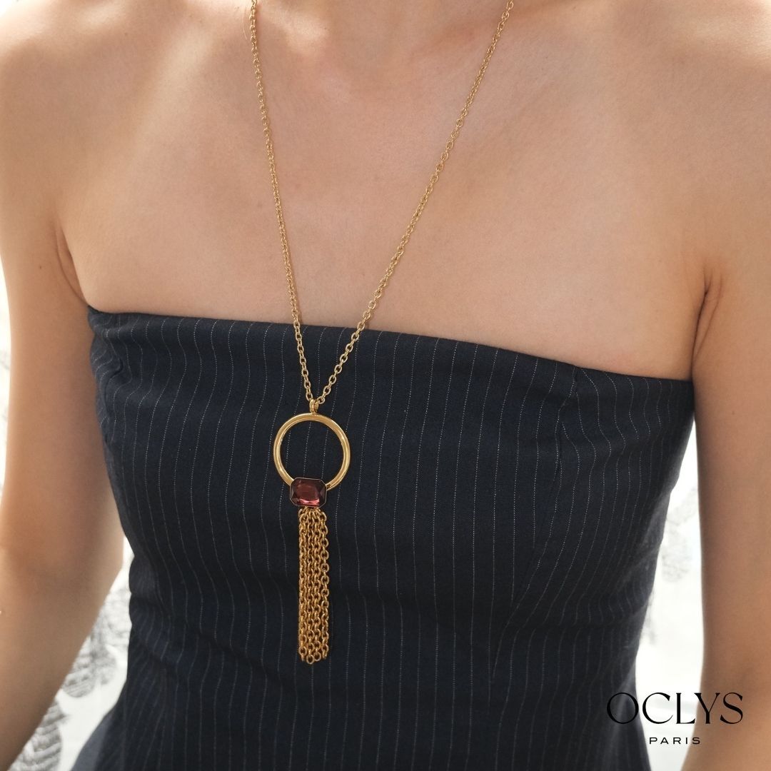 Roly Y-shaped necklace with rhinestone ruffles, gold-plated stainless steel