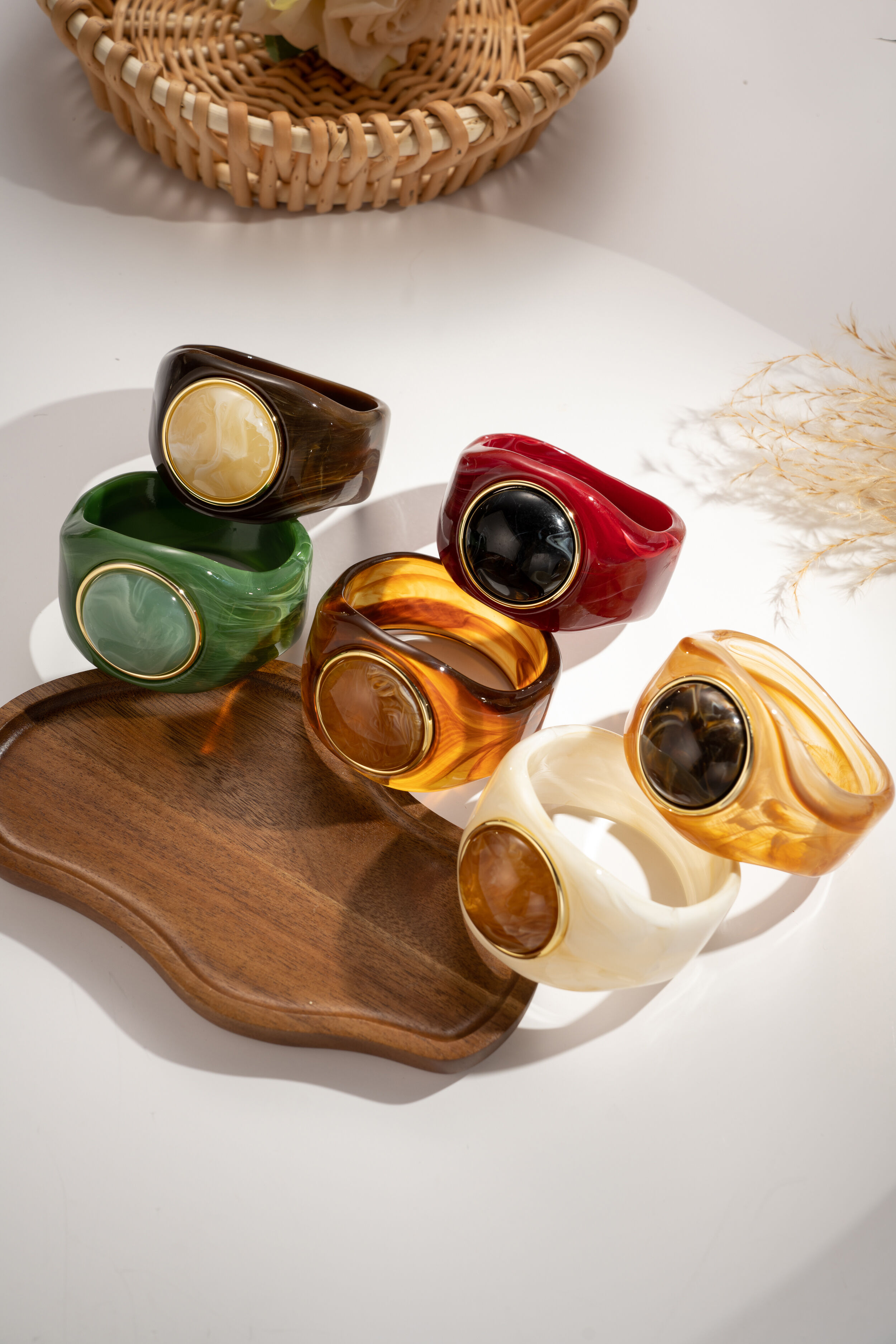 Lot 6 bracelets jonc résine large cabochon ovale couleurs assorties chic moderne