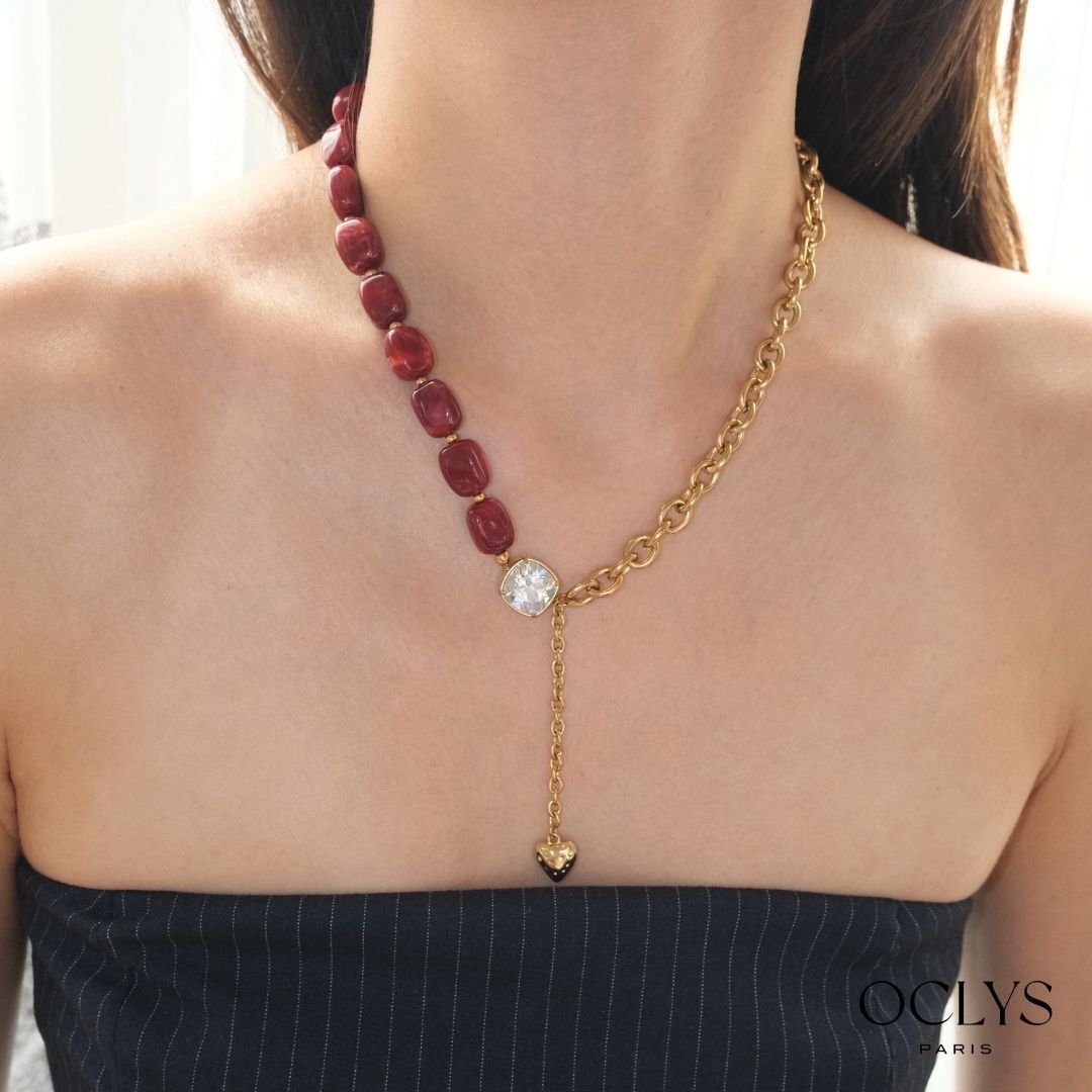 Noa Heart Y Necklace in Resin, Rhinestones, and Gold-Plated Stainless Steel