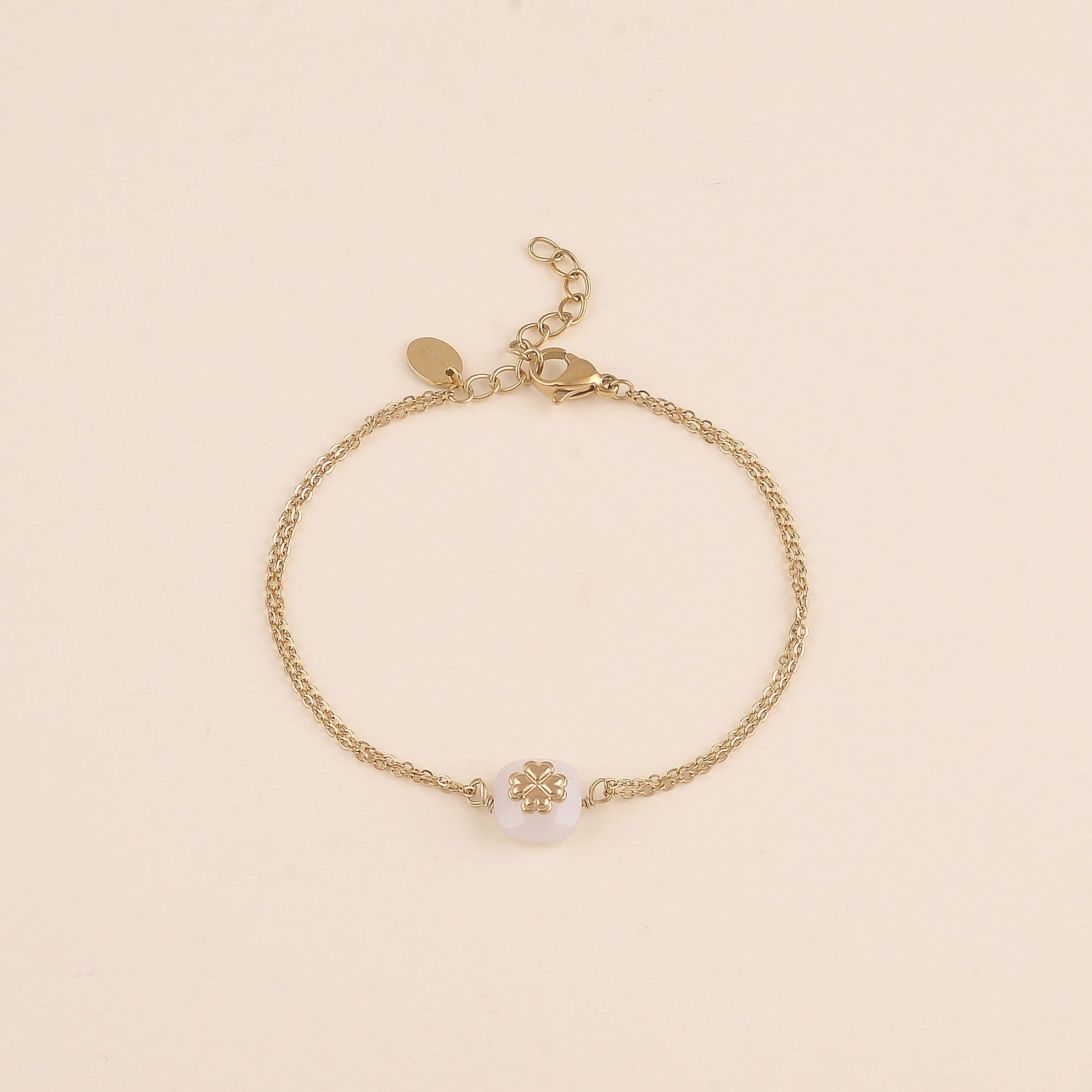 Bracelet - 2 rangs, pierre naturelle carrée et trèfle