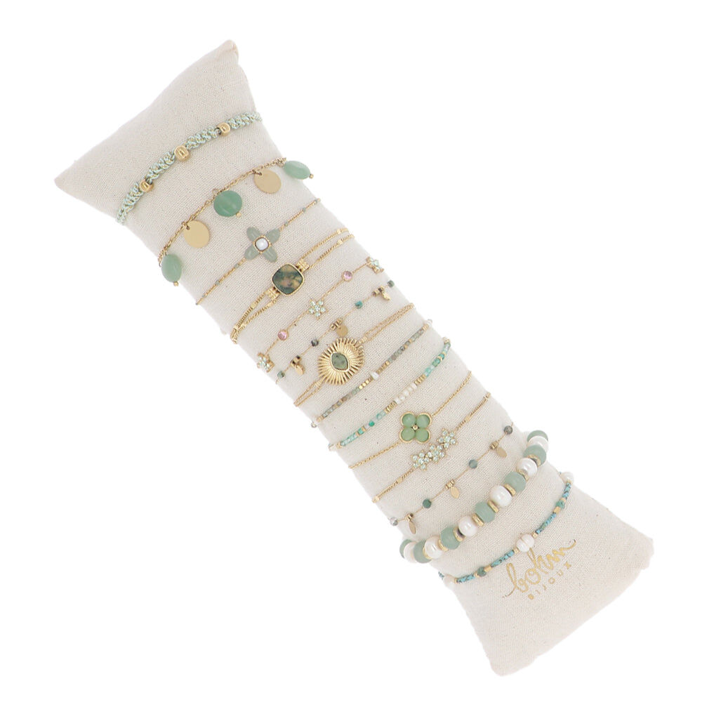 Set of 14 bracelets - gold and green - display stand included