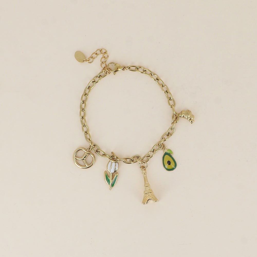 Bracelet - Tour Eiffel, croissant, bretzel, fleur et avocat en émail