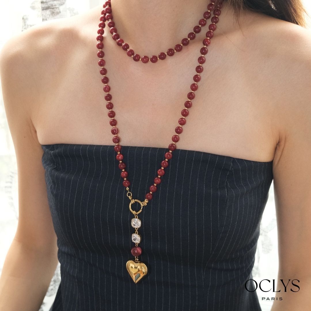 Zona long necklace with heart-shaped rhinestone resin resin and gold-tone stainless steel