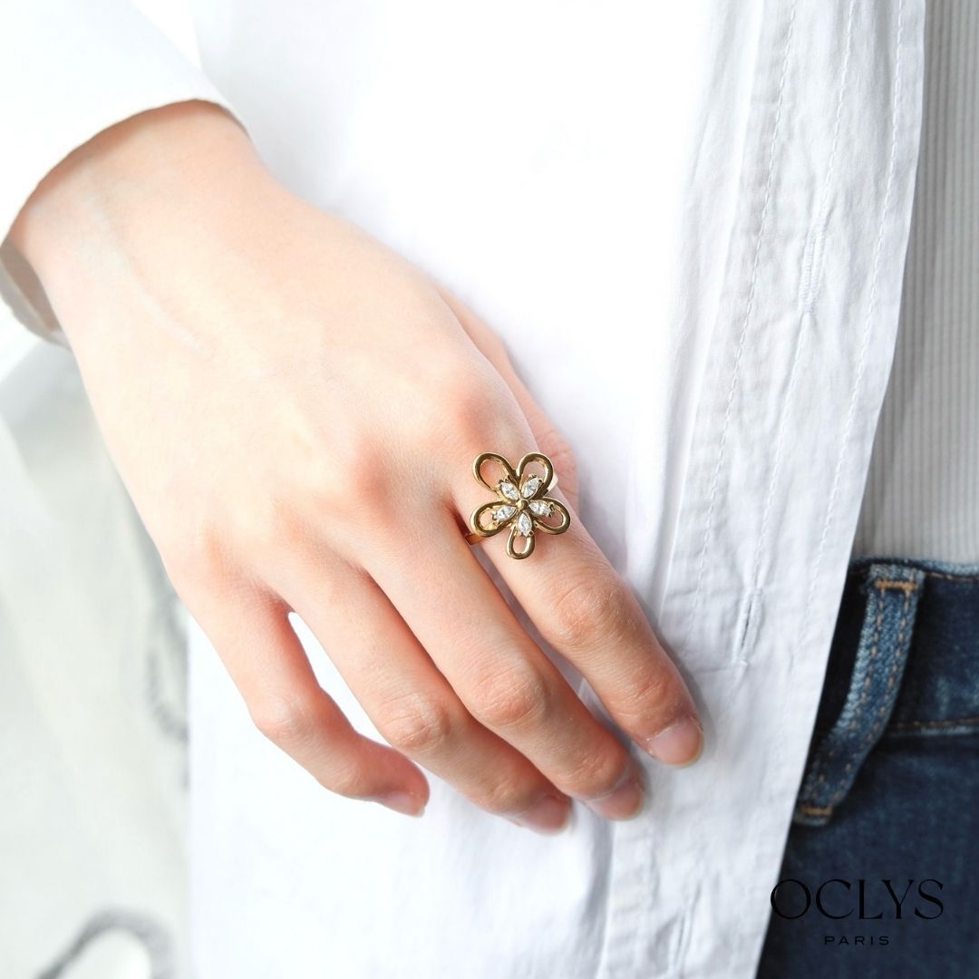 Aline gold-plated stainless steel rhinestone flower ring