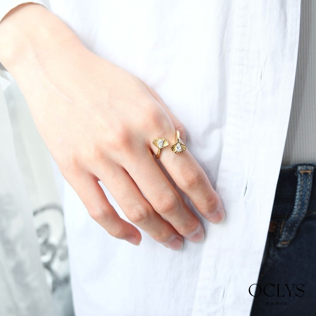 Vero stainless steel rhinestone ginkgo ring
