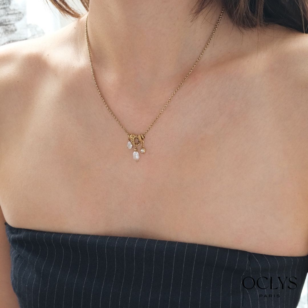 Elisa Gold Stainless Steel Rhinestone Charm Necklace