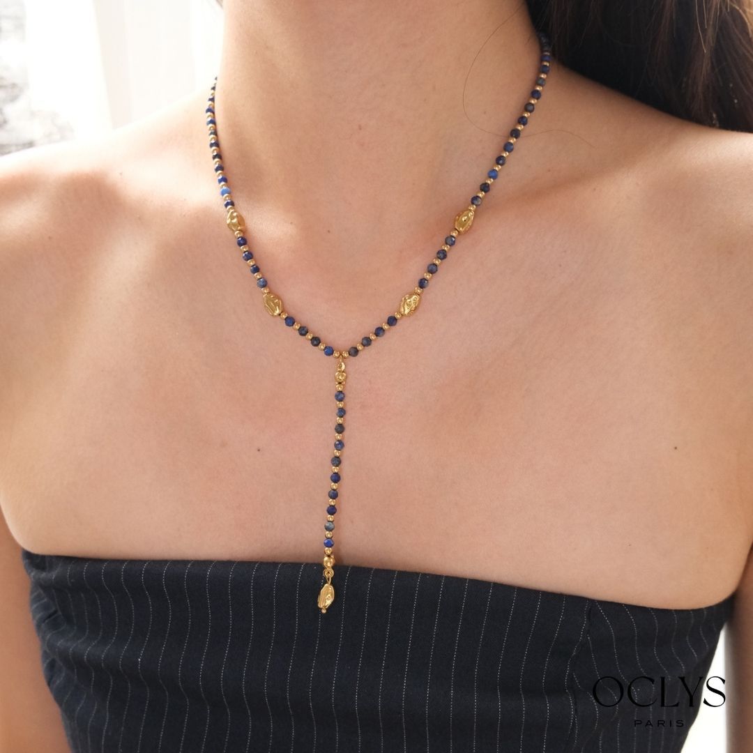Y-shaped necklace with natural stones in gold-plated stainless steel