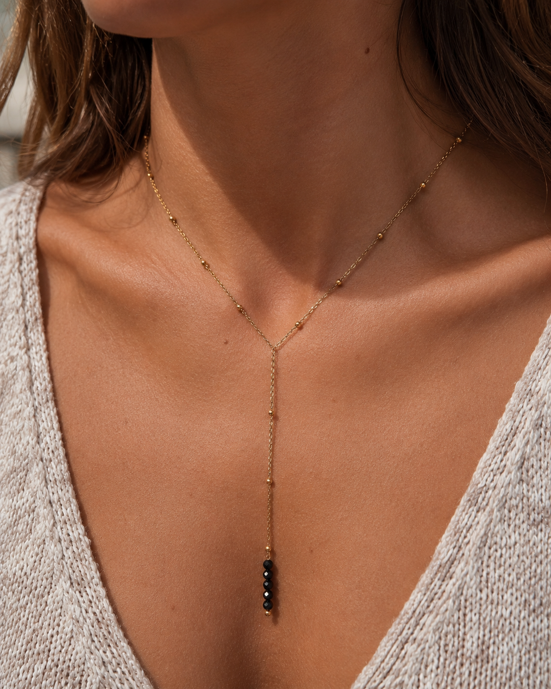 Collier Y doré en acier inoxydable et perles naturelles facettées